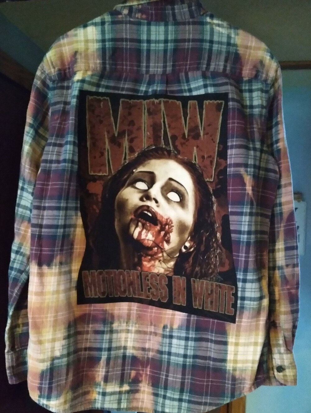 Upcycled Bleached Flannel Shirt W/ Vintage MOTIONLESS IN WHITE back Patch